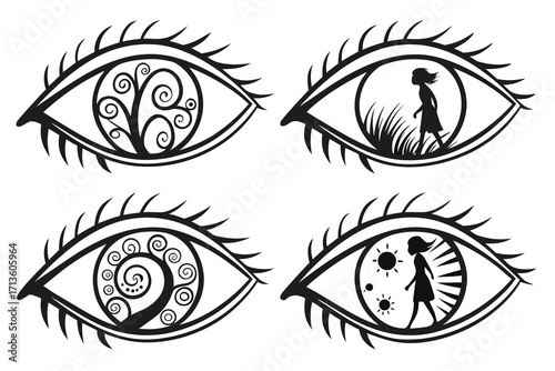 Four stylized black and white eyes with internal surreal scenes vector