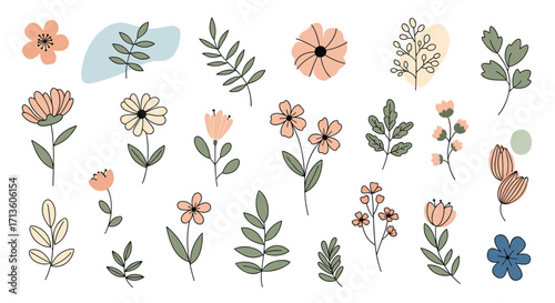 A delightful collection of hand-drawn botanical elements and floral illustrations for artistic designs.