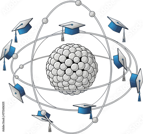 An atomic model with blue graduation caps orbiting a central nucleus, symbolizing scientific education and achievement.