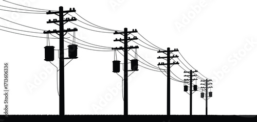 Electric power poles, utility line illustration, electricity distribution system, energy transmission vector, wooden utility poles with wires, transformer network design