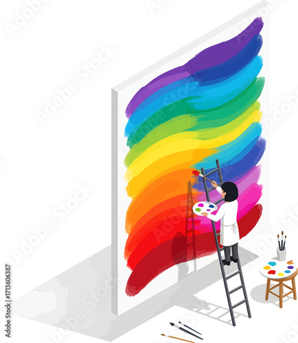 A female artist in a white coat on a ladder paints a vibrant rainbow spectrum onto a massive vertical canvas.