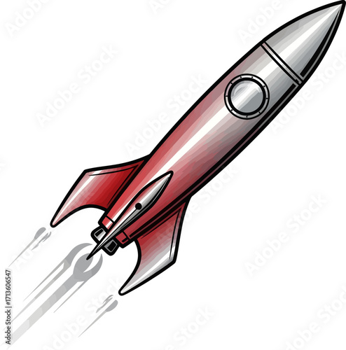 A classic red and silver cartoon rocket ship launching into the sky with exhaust trails on a white background.