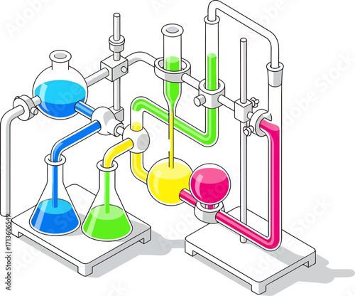 An isometric illustration of a complex chemical experiment with colorful liquids flowing through interconnected laboratory glassware.