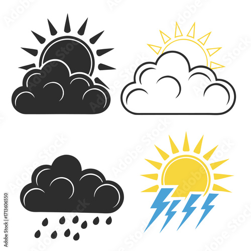Four weather icons sun clouds rain lightning bolt icons vector