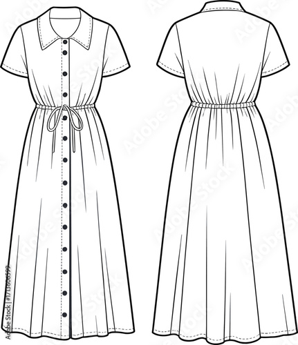 Button front dress flat sketch, short sleeve, collared midi dress design, waist tie, front and back view vector illustration