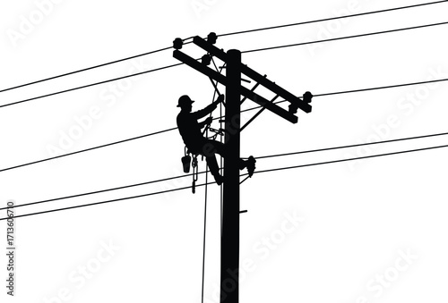 Silhouette of electrical line worker climbing utility pole with safety harness, power lines maintenance, energy infrastructure, electricity repair, industrial power grid service