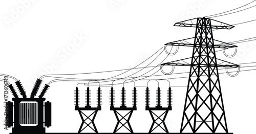 Electric power transmission, high voltage tower illustration, energy distribution system, electricity substation vector, industrial infrastructure graphic, utility grid design