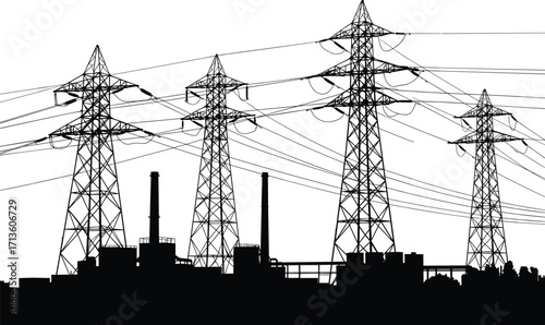 Silhouette of power plant and electricity transmission towers with high voltage power lines, energy infrastructure, industrial power supply, electric grid distribution network