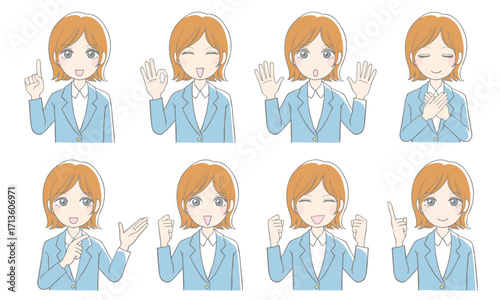 ベクター　スーツを着たかわいい女性の表情8バリエーション 　バストアップ