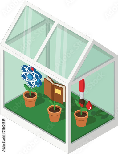 A conceptual illustration of a greenhouse cultivating plants that represent science, art, and knowledge.