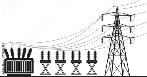 Electric substation vector, high voltage power tower, electricity distribution system, transformer station illustration, industrial energy infrastructure, utility grid