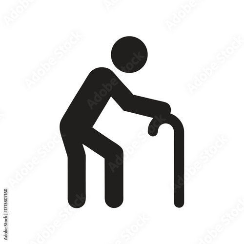 Simple black silhouette of an elderly person using a walking cane