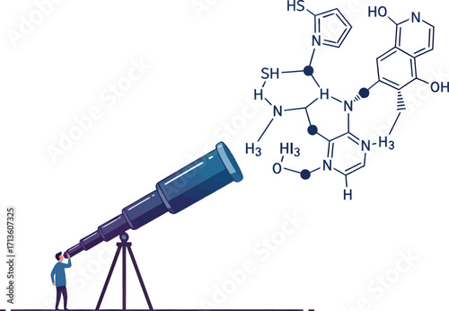A researcher observes a complex chemical molecule through a large telescope, symbolizing scientific discovery and exploration.