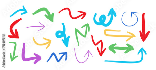Arrows colorful vector set, Hand drawn Color Arrows, doodle decorative direction pointers , element for design collection	
