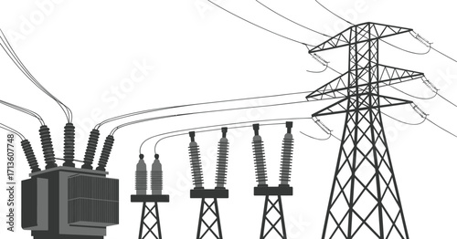 Electric substation vector, high voltage transformer, power grid infrastructure, electricity distribution system, transmission tower illustration, industrial energy network, utility design