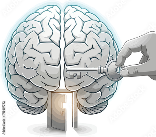 A hand uses a key to unlock a human brain, opening a door to reveal hidden potential and knowledge.