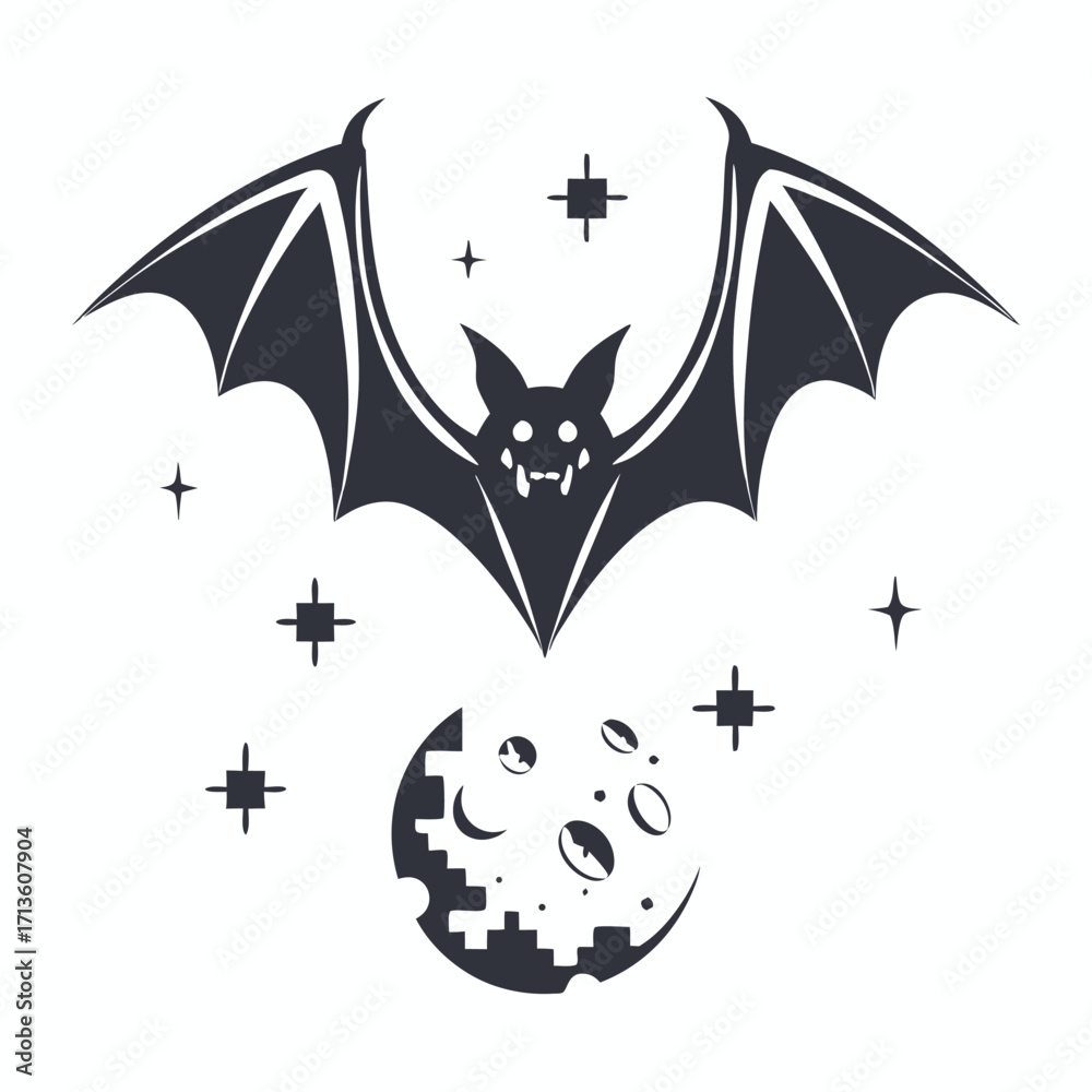 Fototapeta premium Stylized Bat Silhouette Flying Above Moon and Stars on White Background