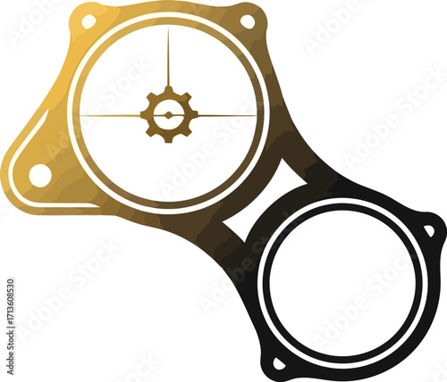 A stylized connecting rod graphic with a golden-to-black gradient, featuring a target scope with a gear.