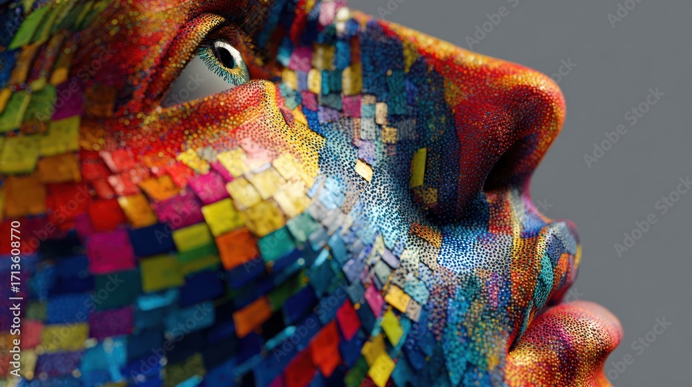 Obraz premium Colorful abstract face with mosaic pattern, creating a vibrant and artistic representation of human expression