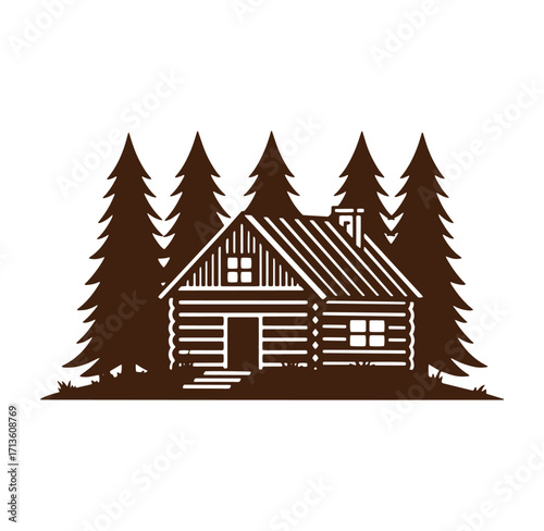 Brown silhouette of a rustic cabin nestled among evergreen trees in nature