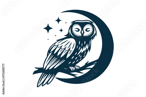 Stylized Black Owl on Branch Inside Moon with Stars on White