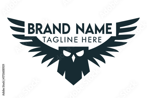 Stylized black owl with spread wings displays brand name and tagline boldly