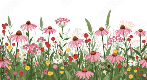 A beautiful watercolor illustration of a vibrant meadow filled with blooming wildflowers and lush green grass.