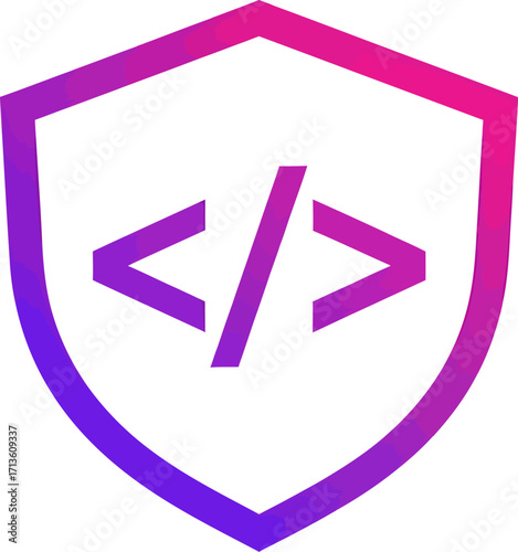 A modern icon of a gradient shield in pink and purple, protecting an inner code symbol, representing cybersecurity and software security.