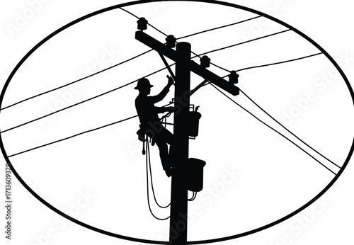 Silhouette of electrical line technician working on utility pole repairing high voltage cables, energy distribution maintenance, safety harness, electric grid service, power network