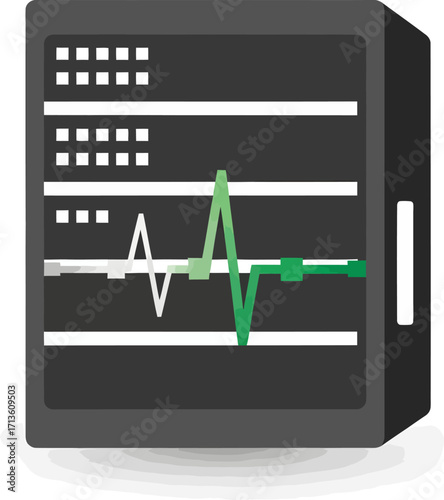 A flat vector icon of a dark computer server rack displaying a fluctuating green and white line graph for system performance monitoring.