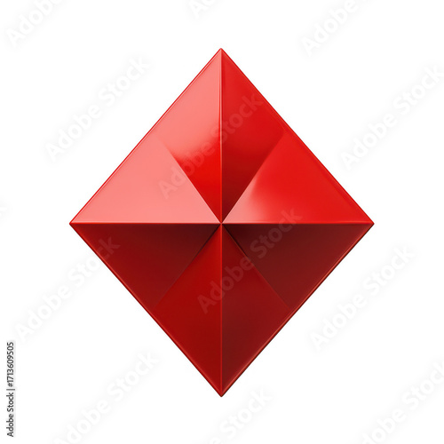 A vibrant red geometric origami diamond shape with sharp folds and reflective surfaces isolated on transparent background