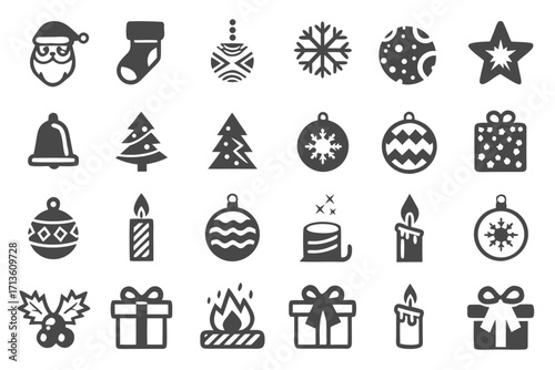 Collection of festive holiday icons featuring christmas decorations and elements