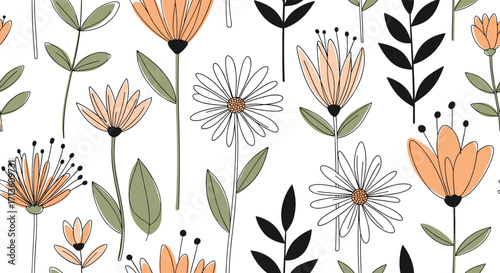 A charming seamless pattern featuring an assortment of blooming wildflowers and delicate foliage in soft hues.