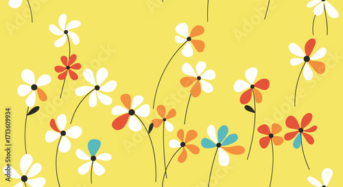 A vibrant field of scattered simple flowers with delicate stems on a bright yellow background.
