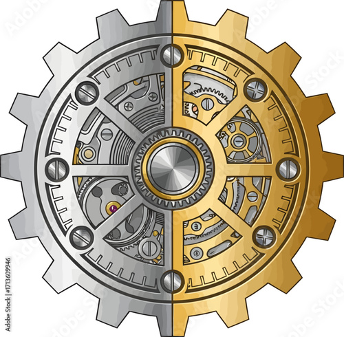 A detailed illustration of a split gear with silver and gold halves revealing intricate clockwork inside.