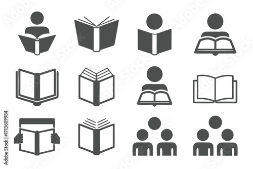 Black and white icons depicting reading books and groups of people