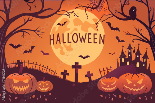 Spooky halloween scene with a full moon bats and haunted castle