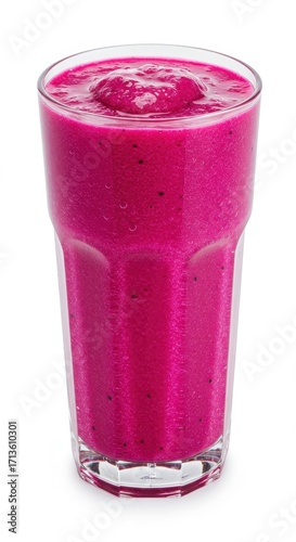 A vibrant, intensely pink dragon fruit smoothie, presented in a clear glass tumbler, against a plain white background.