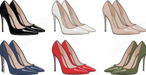 High heel shoes vector illustration, stylish women pumps, fashion footwear design, elegant stiletto heels, colorful ladies shoes for graphic art
