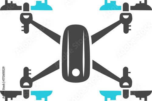 A flat design icon of a quadcopter drone with four turquoise propellers, viewed from directly above.