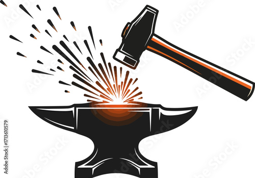 A blacksmith's hammer strikes an anvil, creating a brilliant burst of hot orange sparks from the impact.