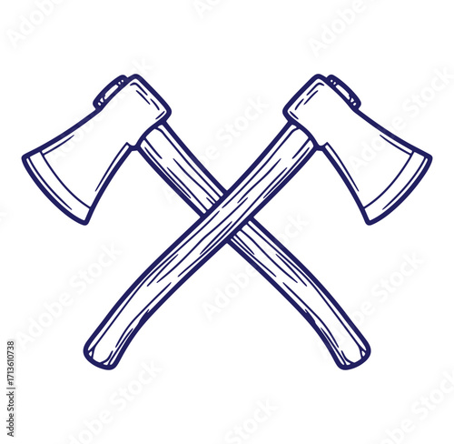 Crossed axes hand drawn vector illustration with a classic outdoors and wilderness concept
