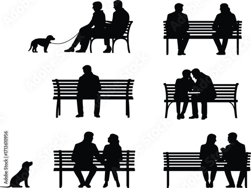Set of people silhouettes sitting on a bench, including couples, individuals, and a person with a dog, flat vector illustration