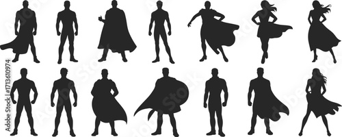 Collection of superhero silhouettes, including male and female characters in various action poses and heroic stances, a flat vector illustration