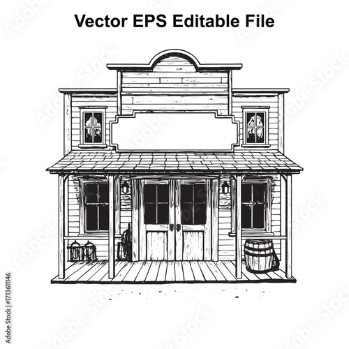 Vector art of vintage western building facade with porch and barrel