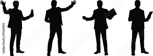 Businessman silhouette vector, holding documents, giving presentation, corporate speaker pose, office man in action, flat vector illustration, success