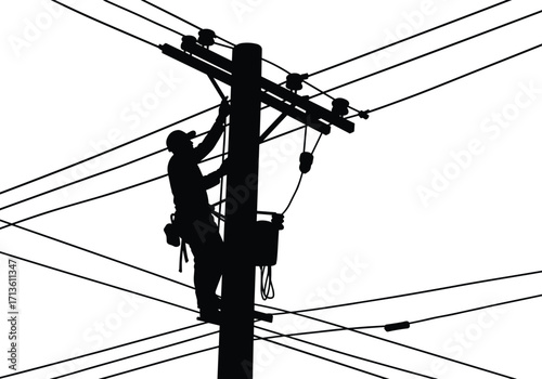 Silhouette of utility worker climbing power pole repairing electrical lines, high voltage maintenance, energy infrastructure, power distribution, safety equipment, electric grid service