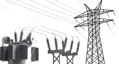 High voltage electricity transmission tower with transformer, power grid substation illustration, energy distribution system, industrial electrical infrastructure design
