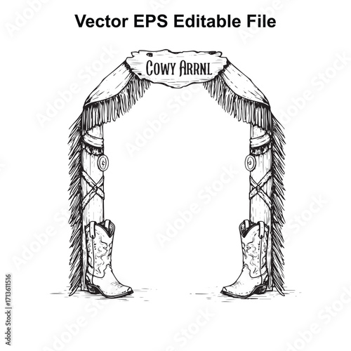 Vector art of western cowboy boots and fringe archway with cowy arrrl sign
