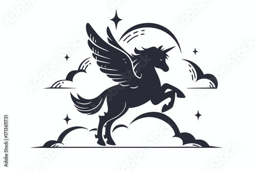 Stylized Pegasus Silhouette with Stars, Clouds, Design on White
